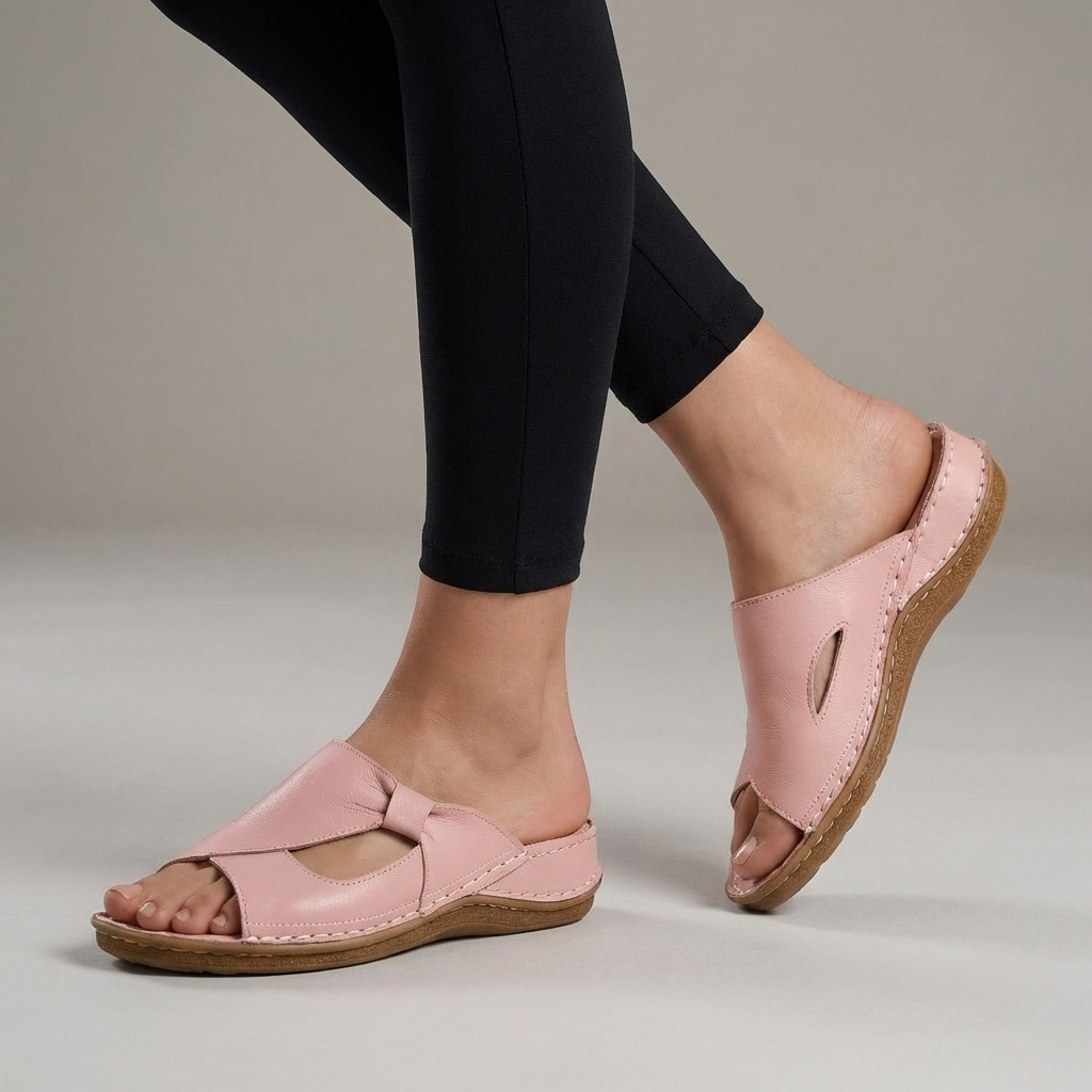 Slide Sandals with Bow Accent and Contoured Wedge Heel