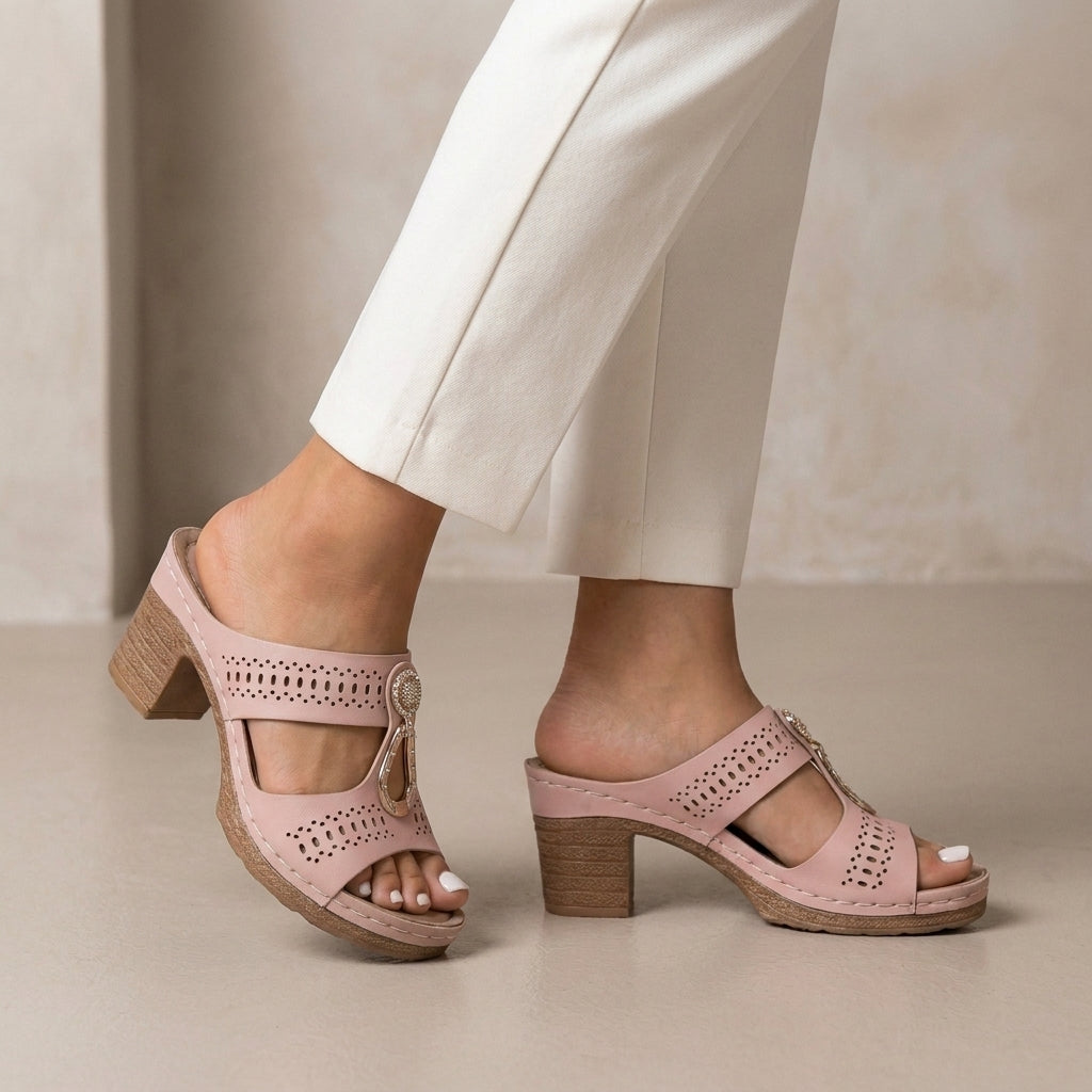Laser-Cut Platform Slide Sandals with Rhinestone Accent