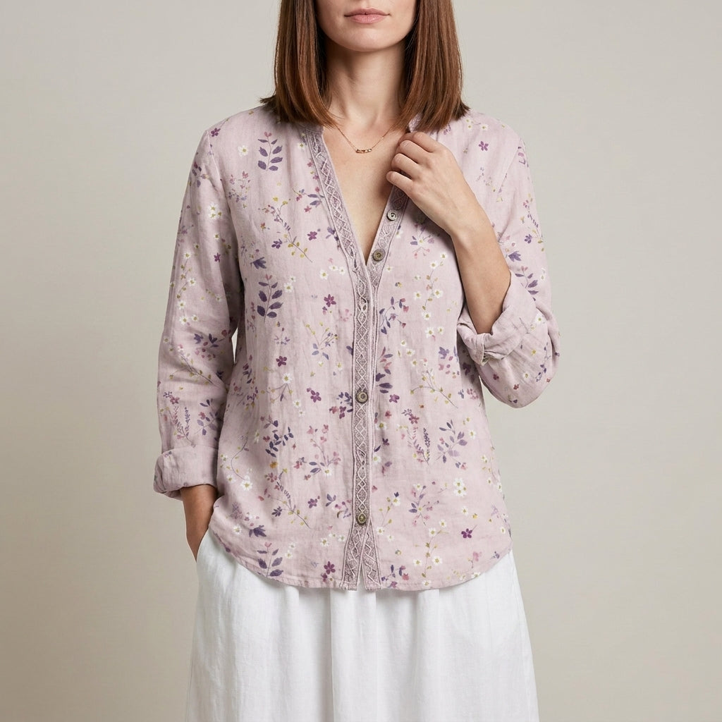 Botanical Print Relaxed Blouse with Embroidered V-Neck Detail