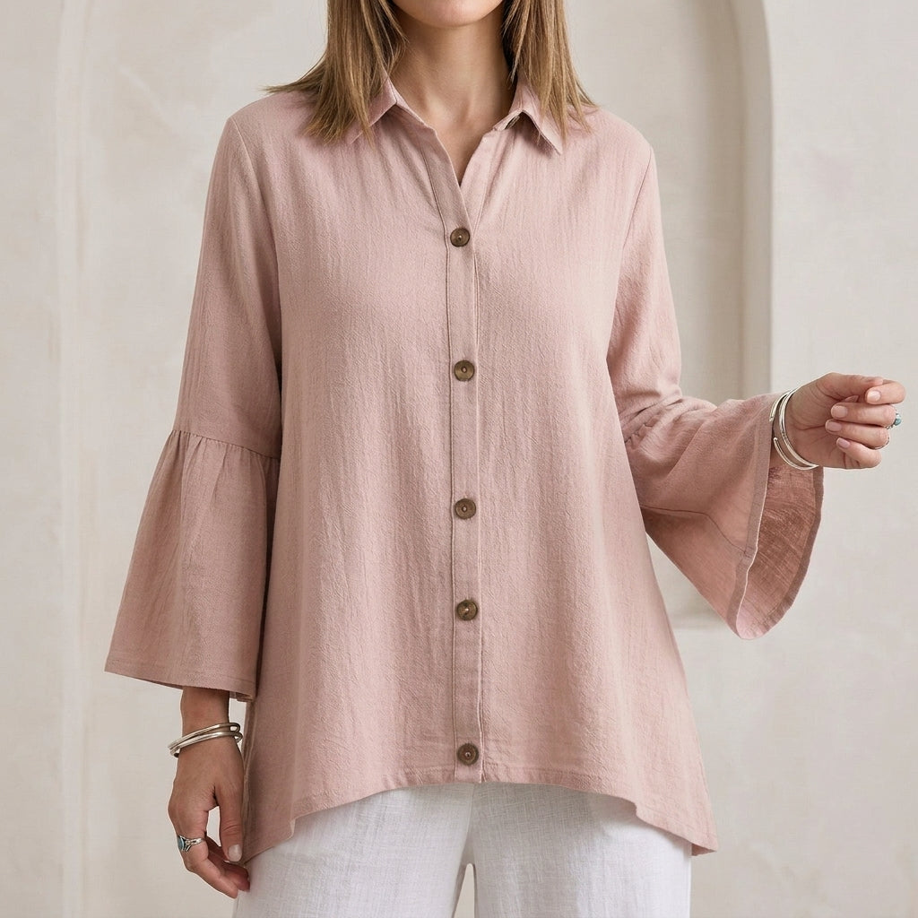 Relaxed Fit Textured Button-Down Blouse with Flared Bell Sleeves