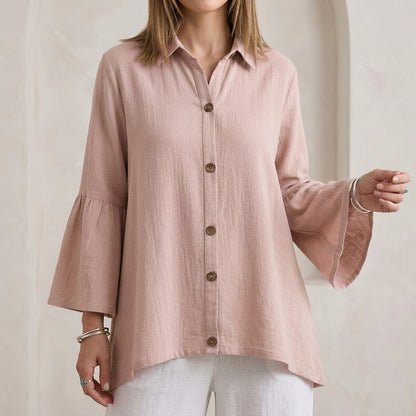 Relaxed Fit Textured Button-Down Blouse with Flared Bell Sleeves