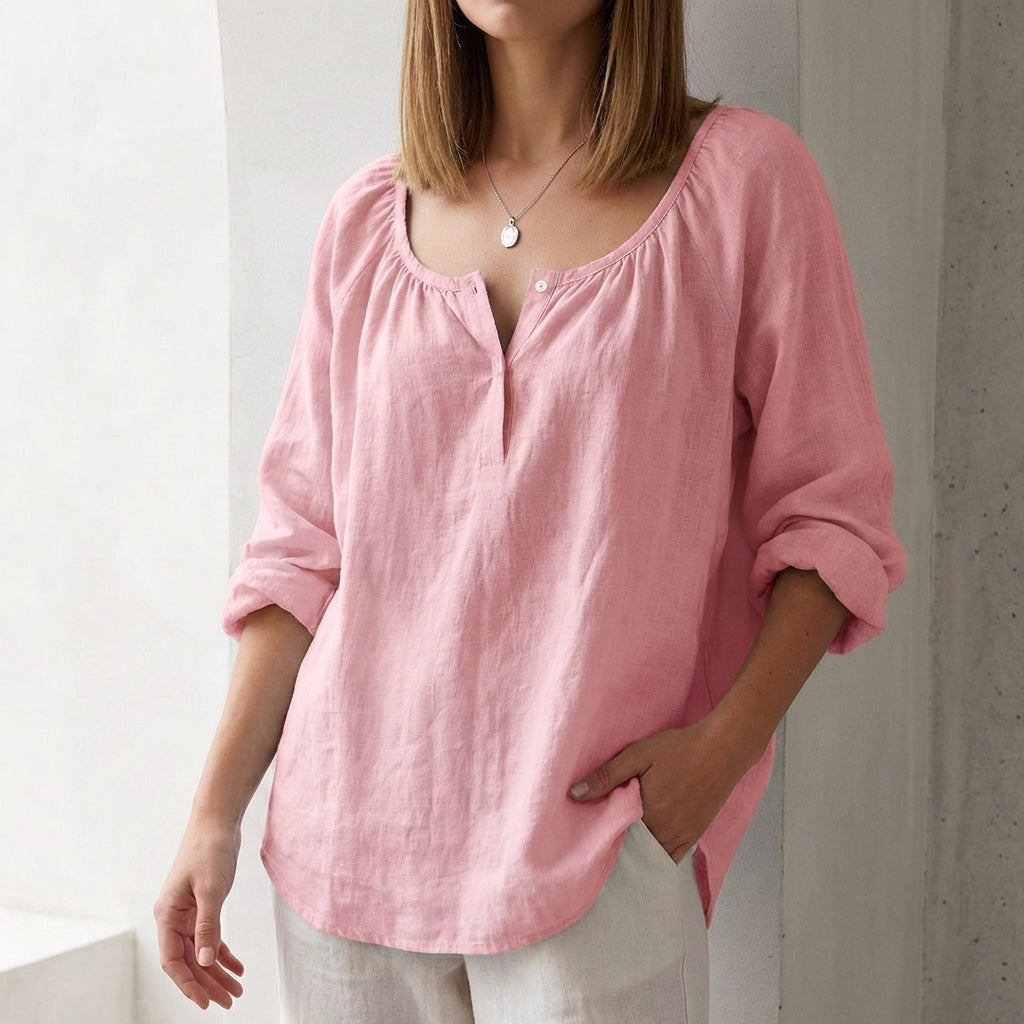 Relaxed Scoop Neck Pullover Blouse with Curved Hem and Button Accents