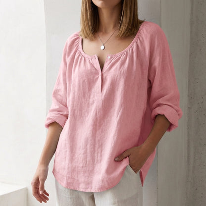 Relaxed Scoop Neck Pullover Blouse with Curved Hem and Button Accents