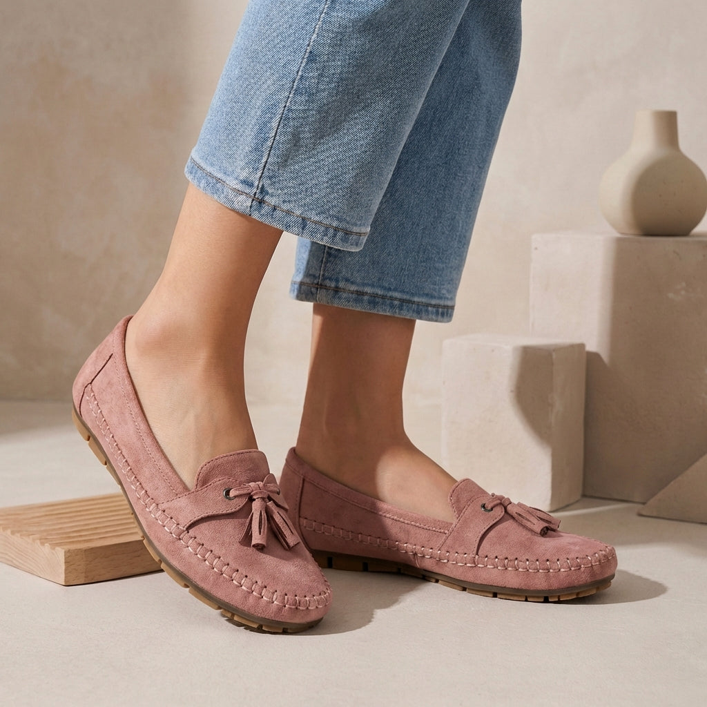 Suede Slip-On Loafers with Decorative Tassel Bow and Moccasin Stitching