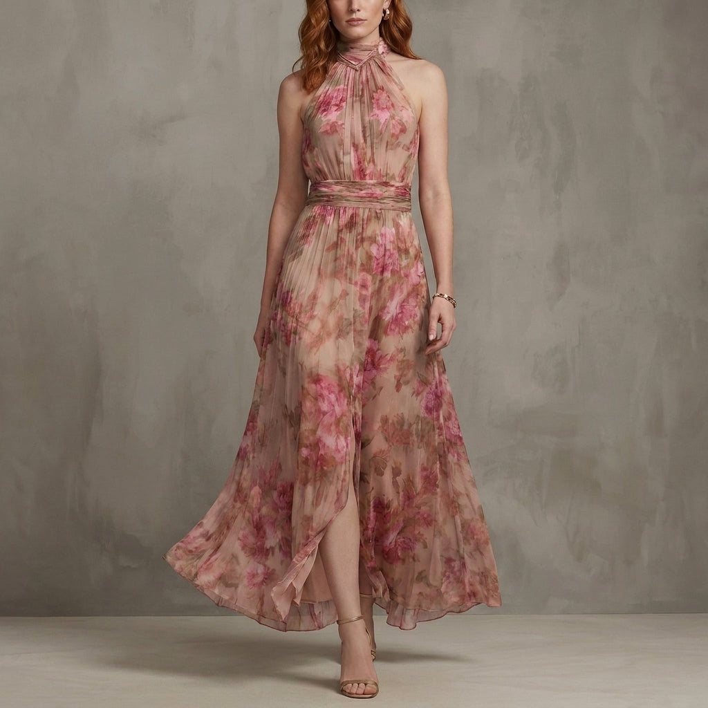 Floral Halter Neck Maxi Dress with Flowing Silhouette