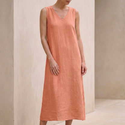 Effortless Cotton Linen V-Neck Sleeveless Shift Midi Dress with Pockets