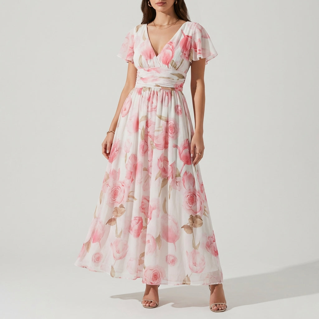 Ethereal Plunging V-Neck Flutter Sleeve Gown