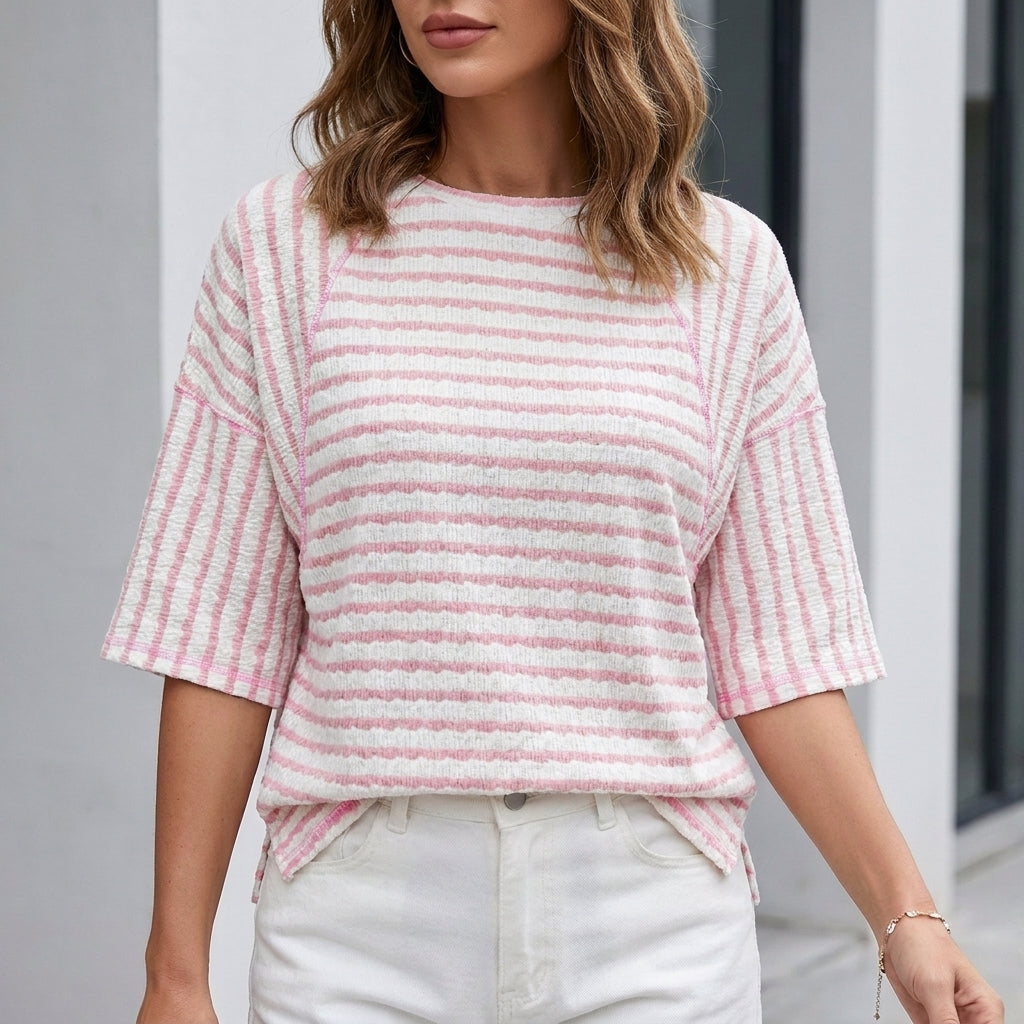 Relaxed Coastal Stripe Textured Blouse for Everyday Elegance