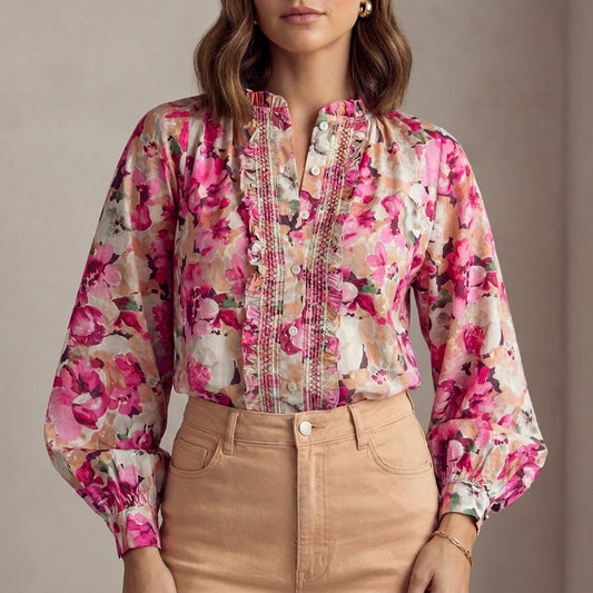 Flowing Floral Ruffle-Trimmed Long-Sleeve Blouse with Bishop Sleeves