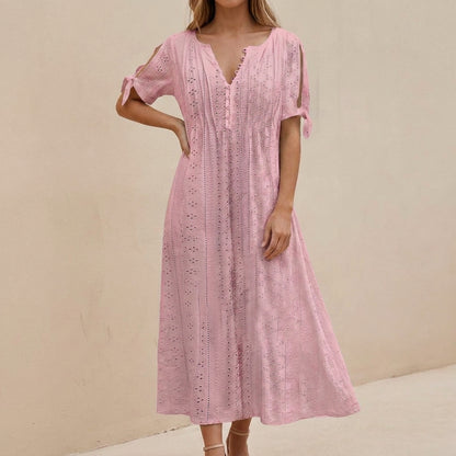 Boho-Inspired Eyelet Embroidered Midi Dress with Scalloped V-Neckline