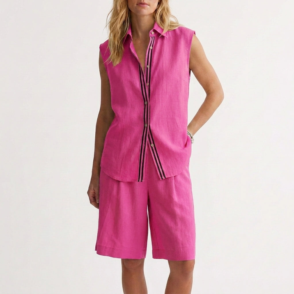 Relaxed Sleeveless Button-Up Shirt and Wide-Leg Pleated Shorts Set