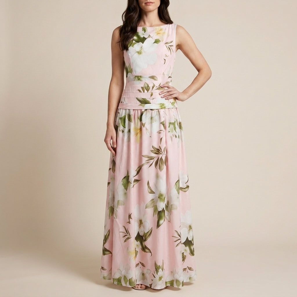Botanical Print Sleeveless Maxi Dress with Graceful Flow