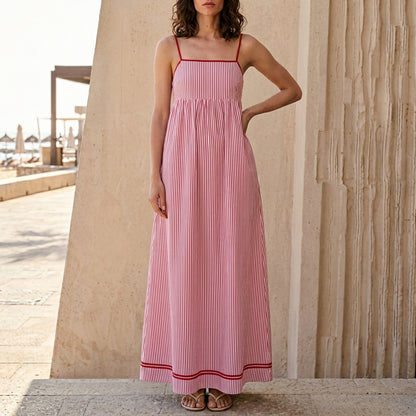 Striped Square Neck Sleeveless Maxi Dress with Pockets
