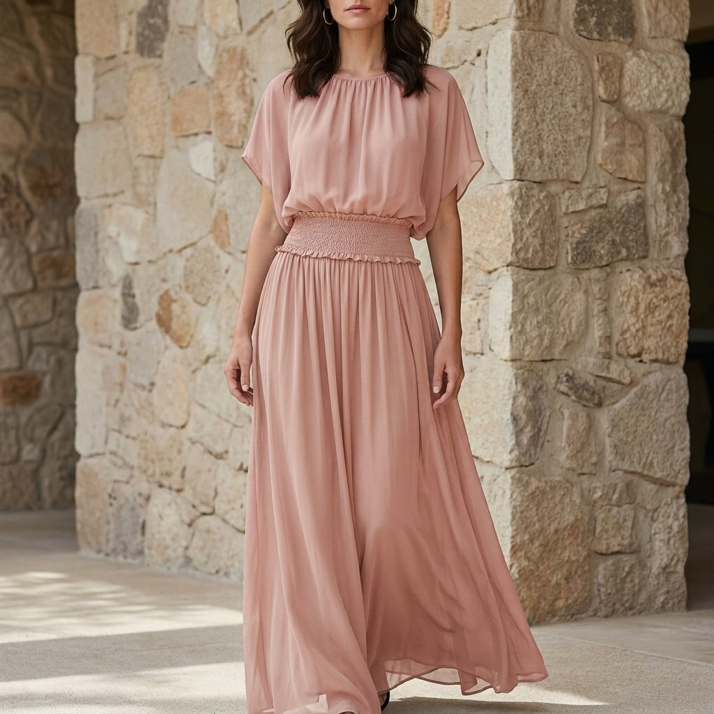 Flowing Smocked Waist Maxi Dress with Draped Sleeves