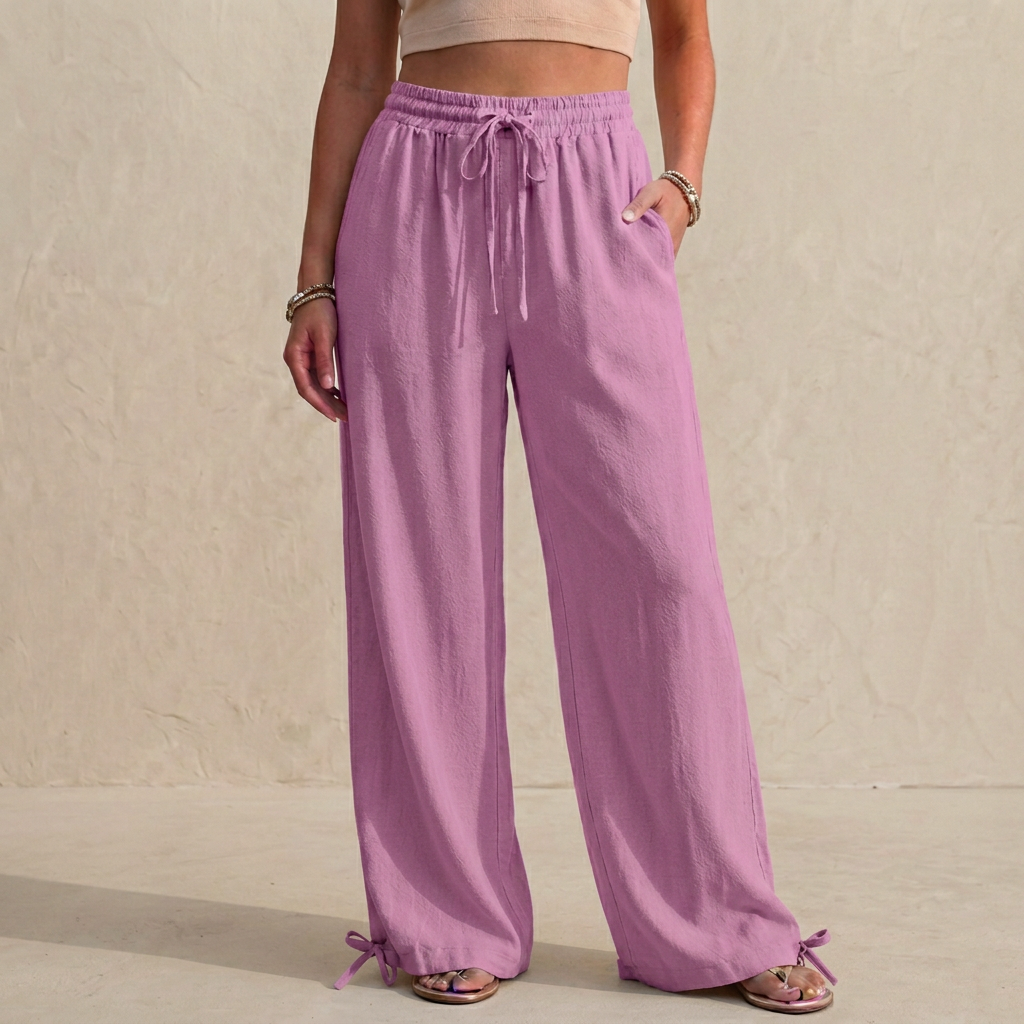 Relaxed Wide-Leg Trousers with Drawstring and Ankle Tie Detail