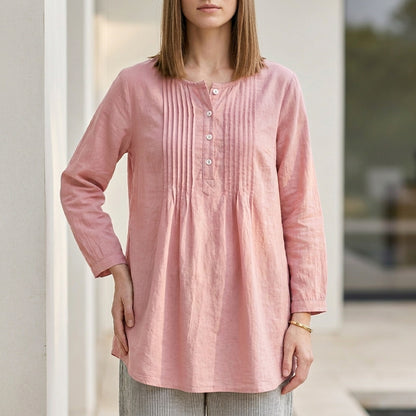 Relaxed Oversized Long-Sleeve Shirt with Pin-Tuck Pleat Detail