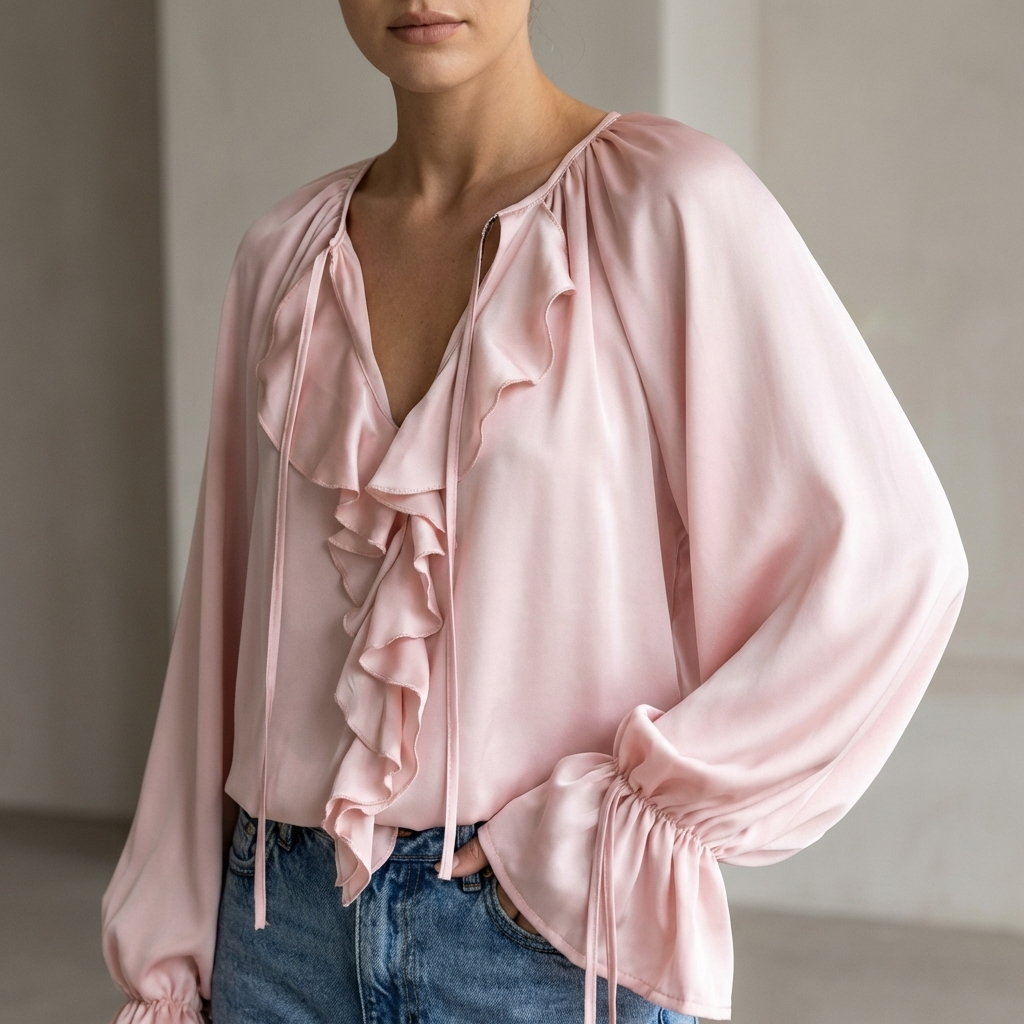 Relaxed Ruffled Horn Sleeve Blouse with Lace-Up V-Neck Detail