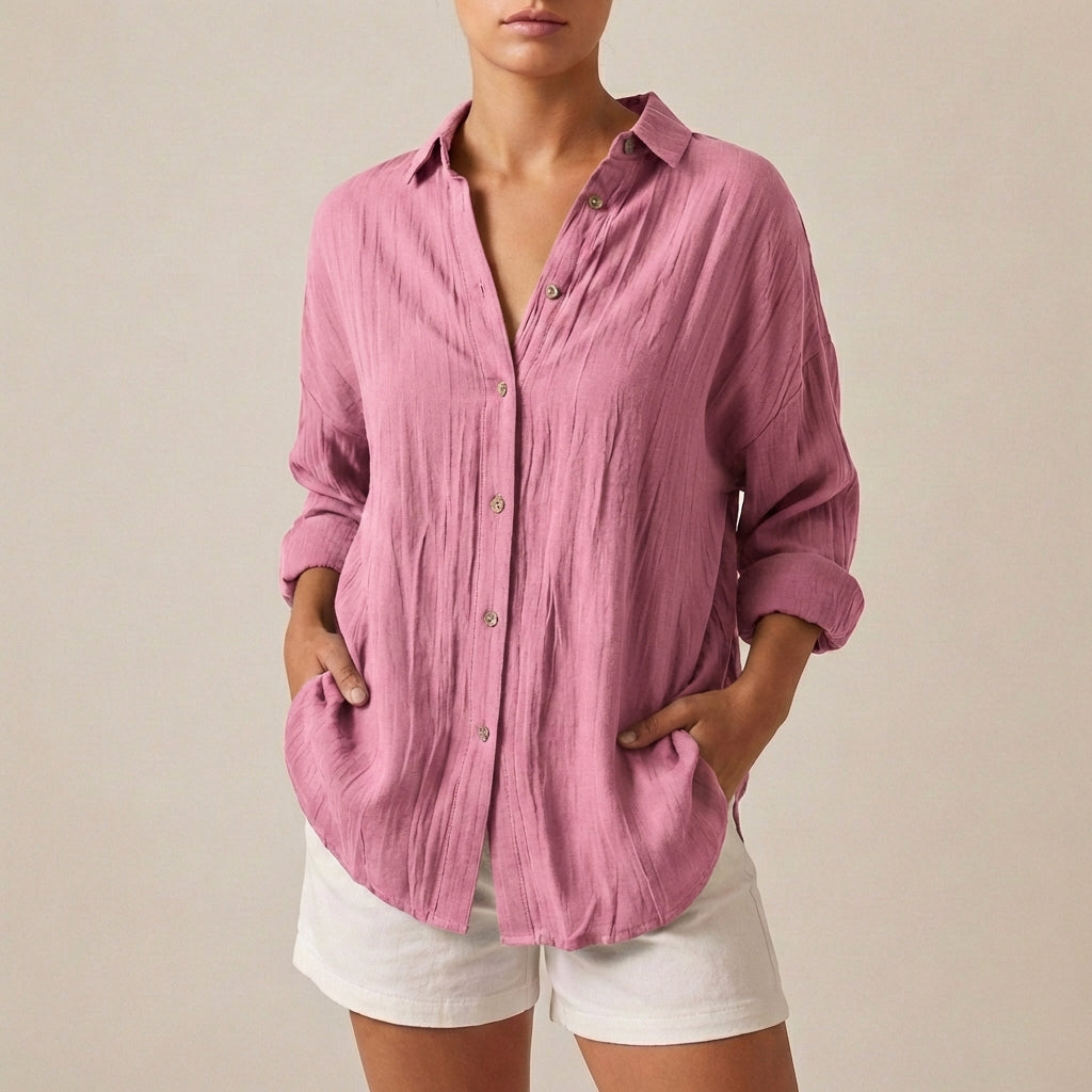Linen Relaxed-Fit Longline Button-Up Shirt with Lapel Collar and Pleats
