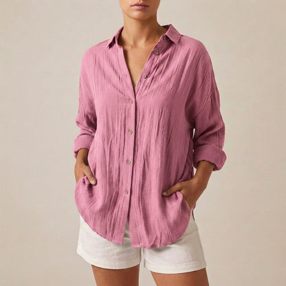 Linen Relaxed-Fit Longline Button-Up Shirt with Lapel Collar and Pleats