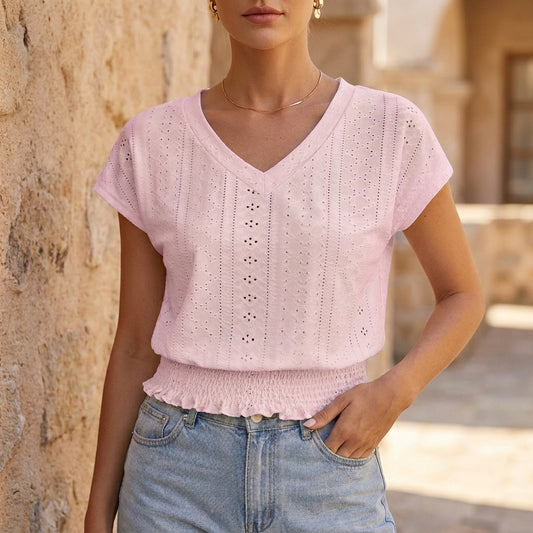 V-Neck Jacquard Eyelet Top with Smocked Waist and Ruffled Hem