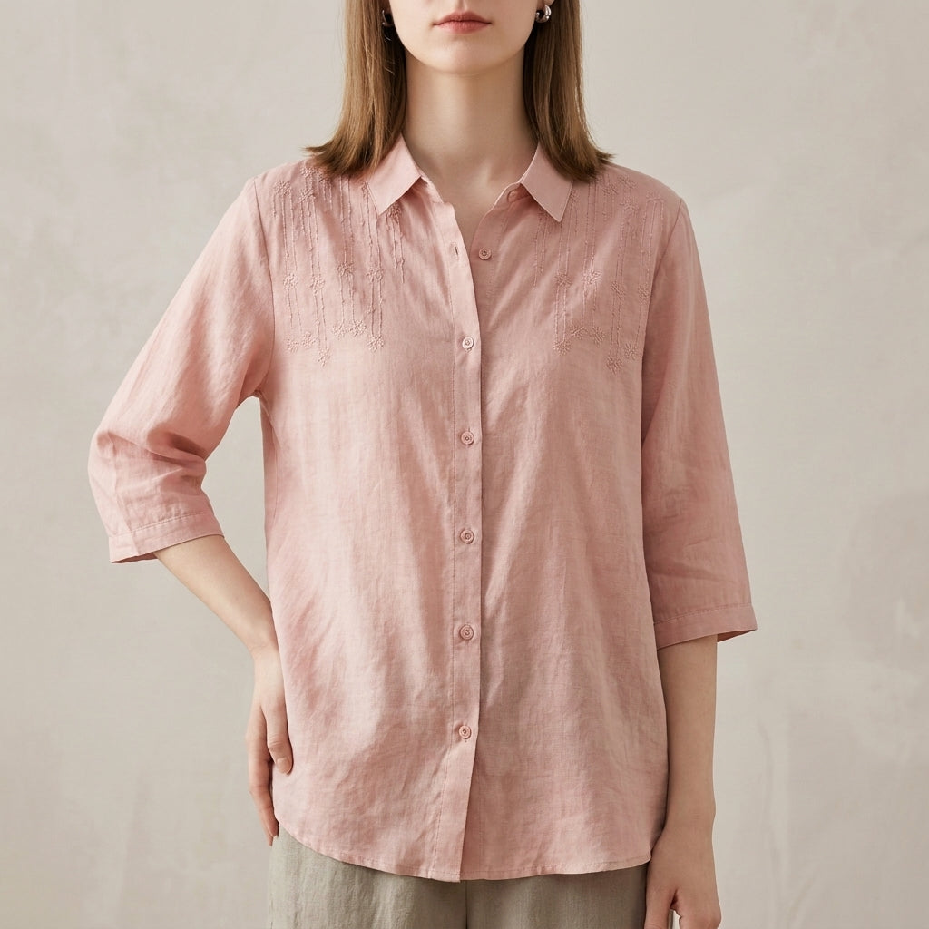 Relaxed Fit Button-Up Shirt with Tonal Floral Embroidery and Classic Collar