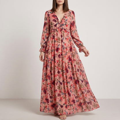 Romantic Floral Tiered Maxi Dress with Smocked Waist Detail