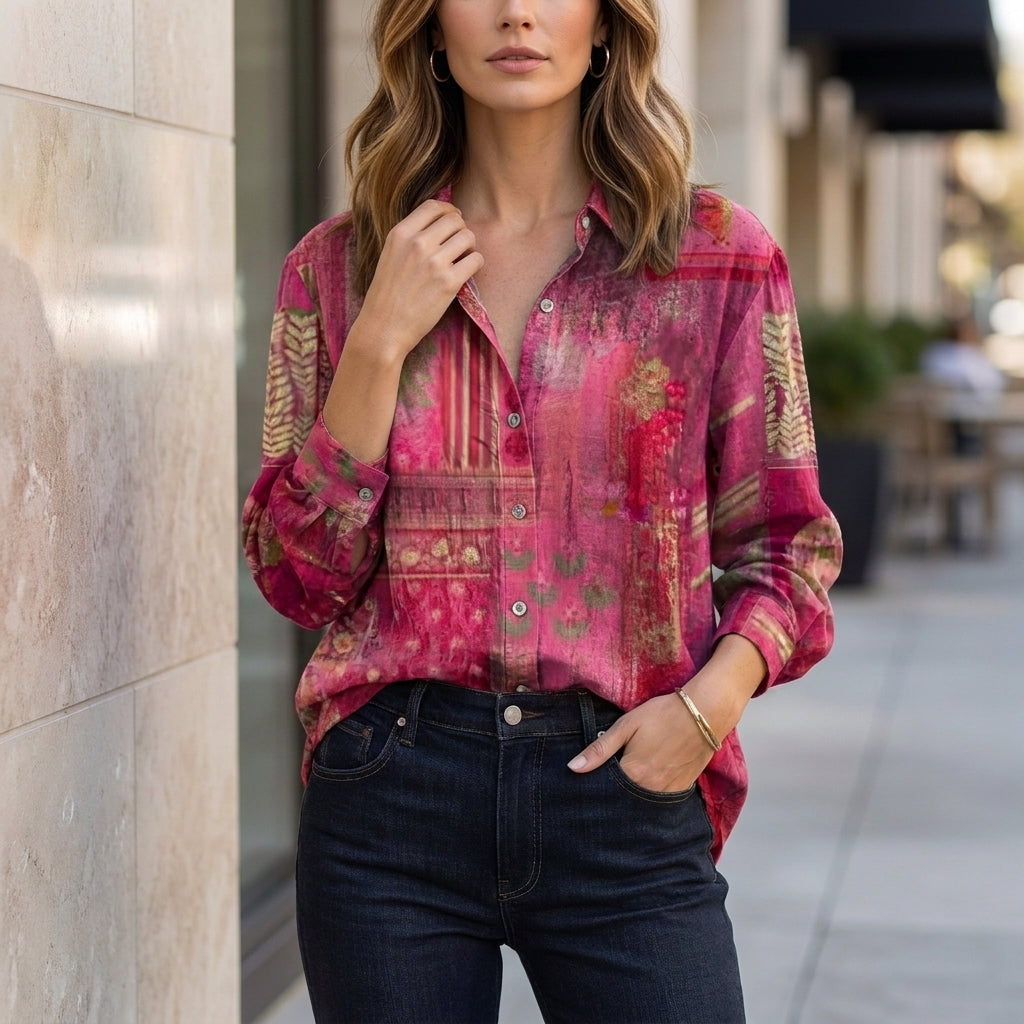 Abstract Print Oversized Blouse with Relaxed Coastal Resort Silhouette