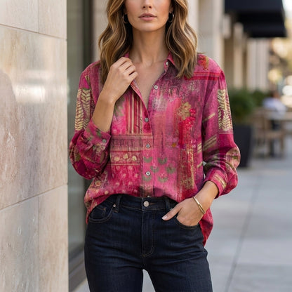 Abstract Print Oversized Blouse with Relaxed Coastal Resort Silhouette