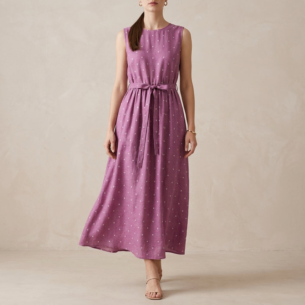 Dusty Rose Polka Dot Midi Dress with Elegant Tie Waist
