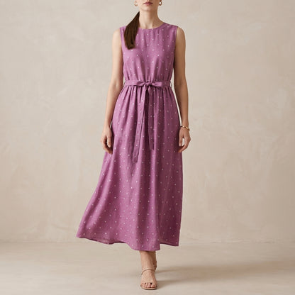 Dusty Rose Polka Dot Midi Dress with Elegant Tie Waist