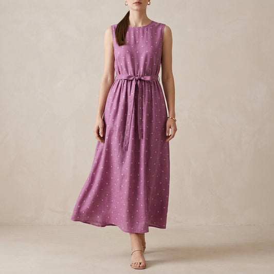 Dusty Rose Polka Dot Midi Dress with Elegant Tie Waist