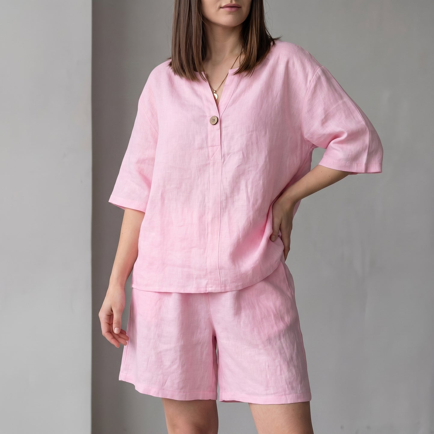 Oversized Woven Two-Piece Set with V-Neck Shirt and High-Waist Shorts