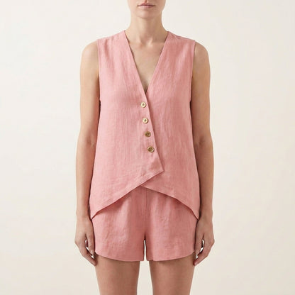 Relaxed Sleeveless V-Neck Two-Piece Set with Asymmetrical Button Front