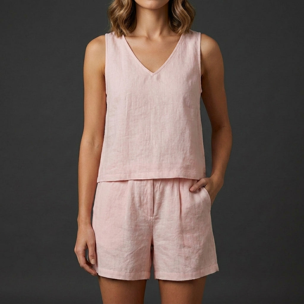 Relaxed V-Neck Vest and Pleated Shorts Set in Lightweight Woven Fabric