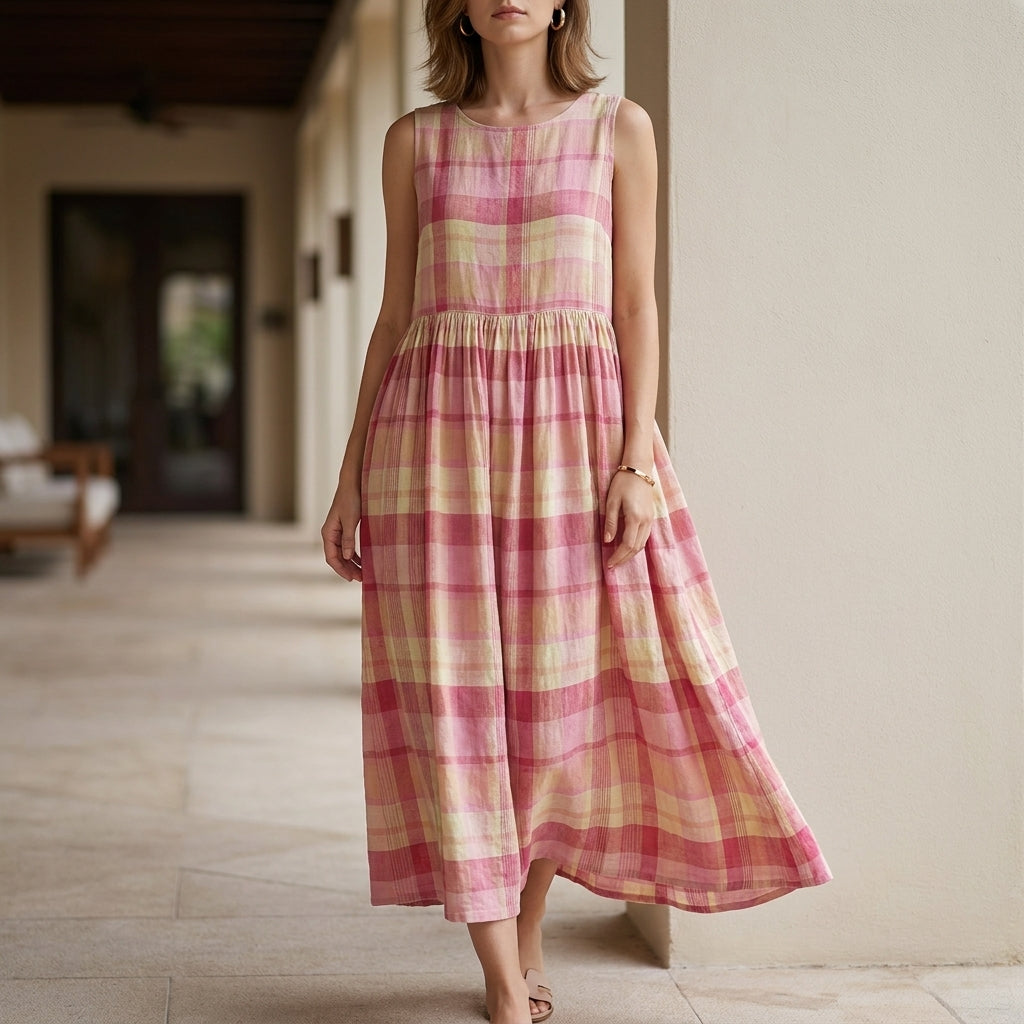 Sunset Picnic Plaid Sleeveless Maxi Dress with Flowing Gathered Skirt