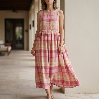 Sunset Picnic Plaid Sleeveless Maxi Dress with Flowing Gathered Skirt