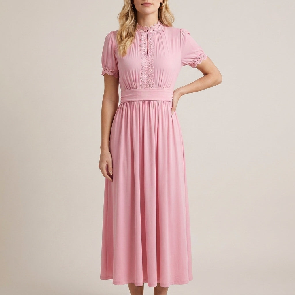 High Neck Keyhole Maxi Dress with Flowing A-Line Silhouette