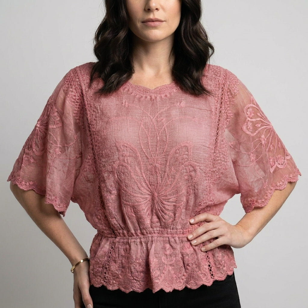 Celeste Embroidered Blouse with Sheer Bell Sleeves