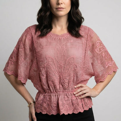 Celeste Embroidered Blouse with Sheer Bell Sleeves