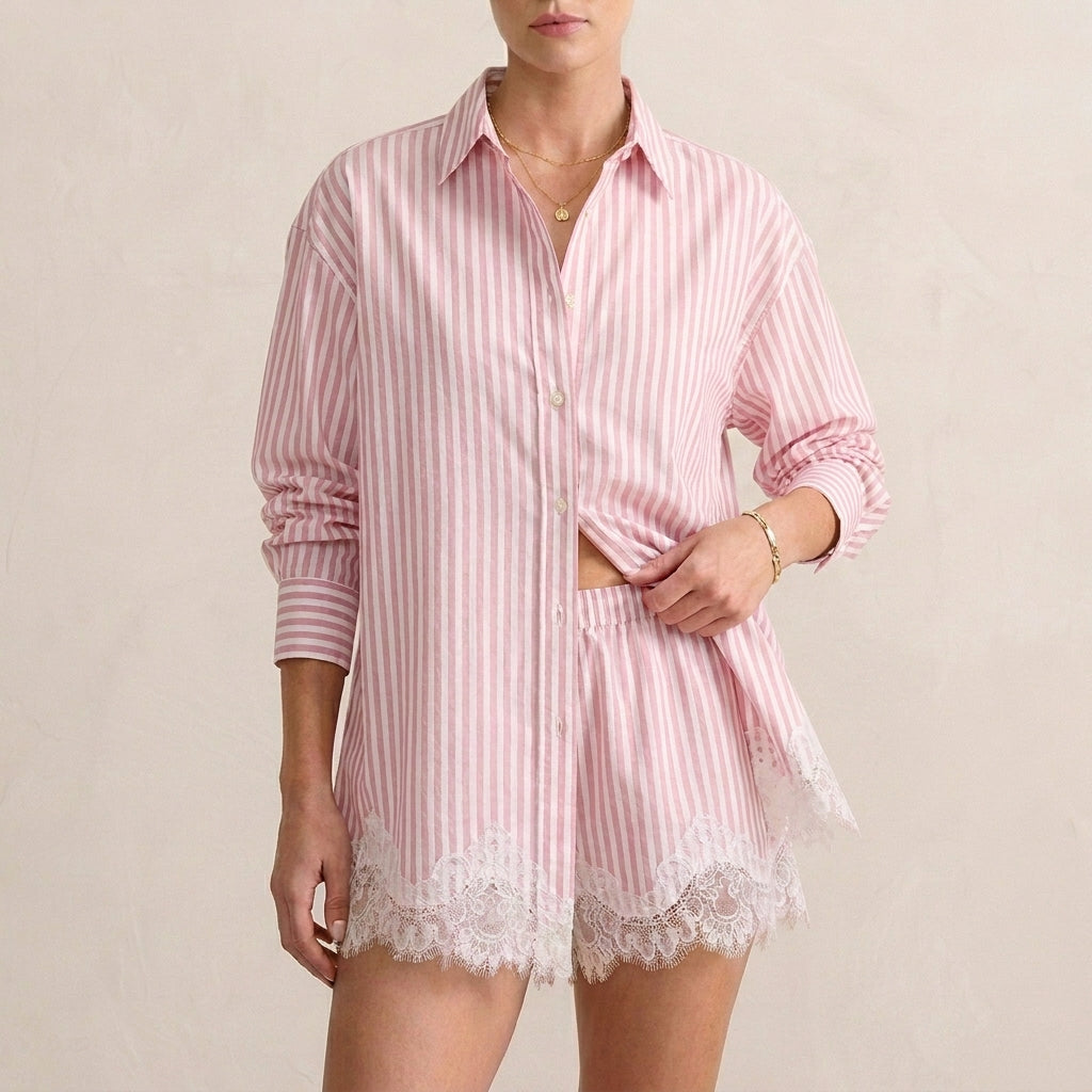 Relaxed Lace-Trimmed Two-Piece Shirt and Shorts Set with Classic Collar