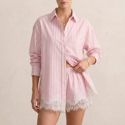 Relaxed Lace-Trimmed Two-Piece Shirt and Shorts Set with Classic Collar