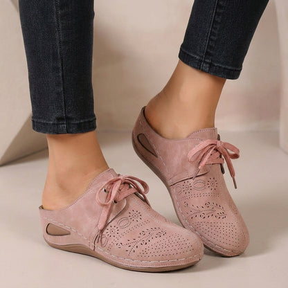 Lace-up Wedge Mules with Perforated Detail and Contrast Stitching