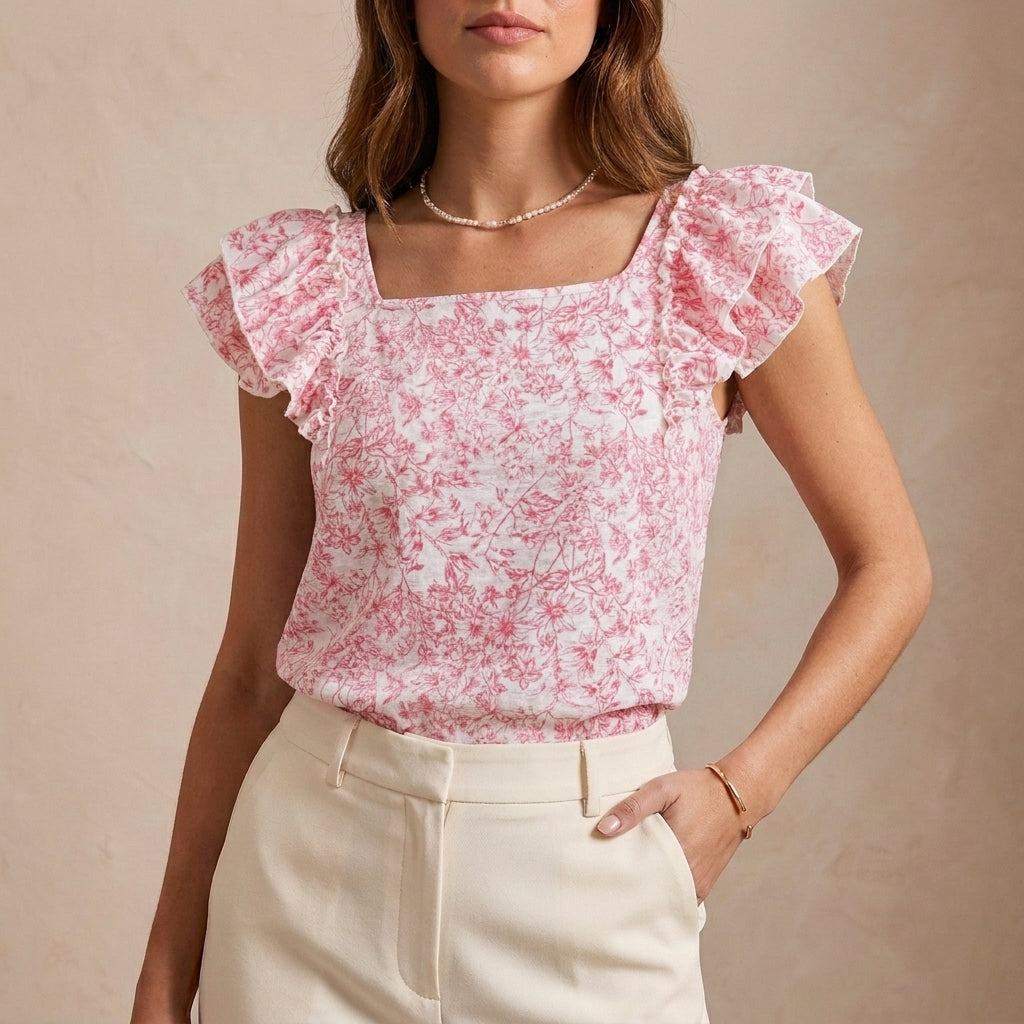 Relaxed Floral Print Ruffle Blouse with Square Neck and Back Bow Closure
