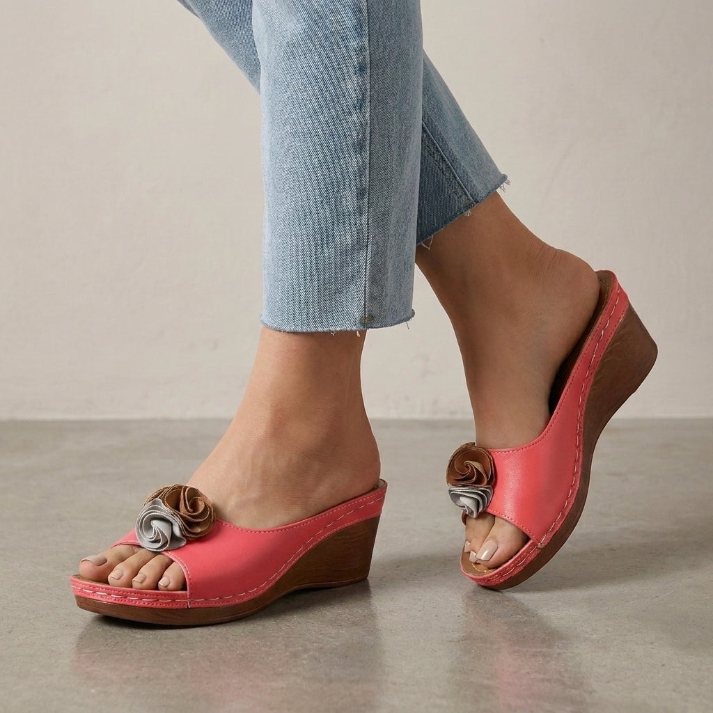 Wedge Slide Sandals with Layered Floral Accent and Cushioned Footbed