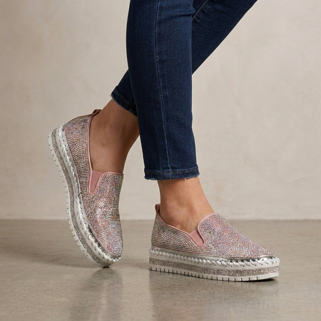 Slip-On Loafers with Rhinestone Embellishment and Platform Sole