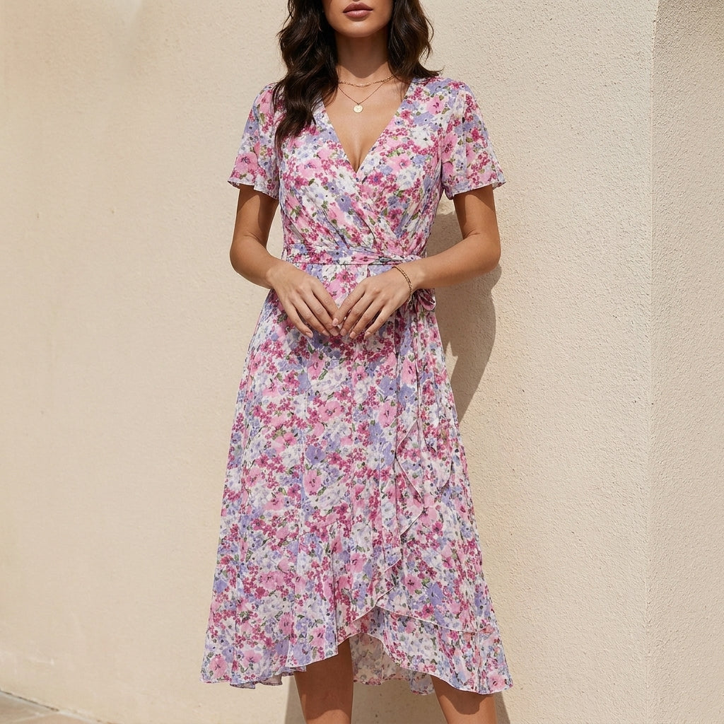 Romantic Floral Wrap Midi Dress with Ruffle Hem