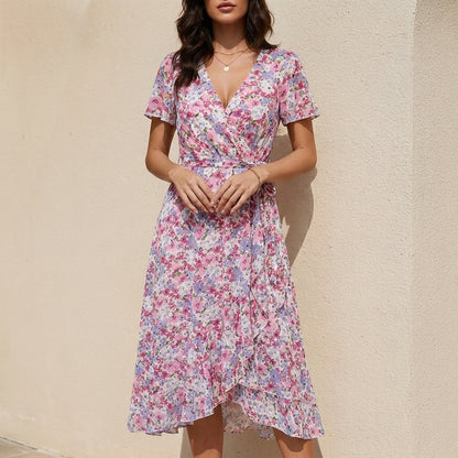 Romantic Floral Wrap Midi Dress with Ruffle Hem