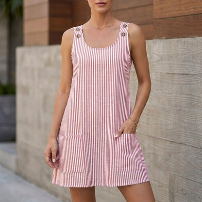 Relaxed A-Line Sleeveless Dress with Vertical Stripes and Buttoned Straps