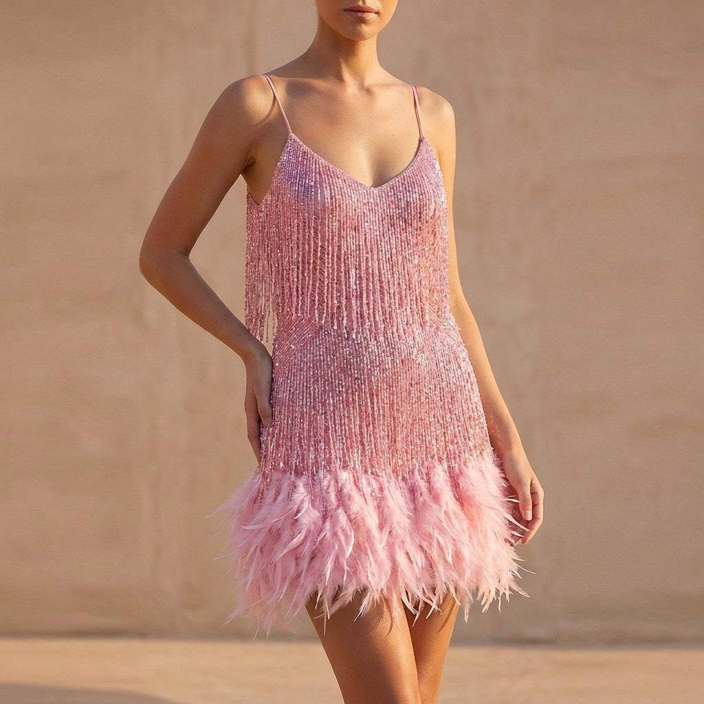 The Shimmering Fringe & Feather Mini Dress