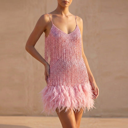 The Shimmering Fringe & Feather Mini Dress